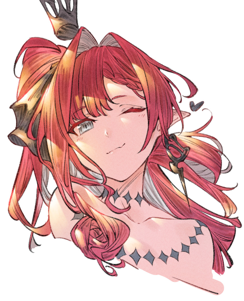 1girl baobhan_sith_(exhibition_attire)_(fate) baobhan_sith_(fate) baobhan_sith_(swimsuit_pretender)_(fate) baobhan_sith_(swimsuit_pretender)_(third_ascension)_(fate) bare_shoulders crown earrings fate/grand_order fate_(series) hair_ribbon highres jewelry long_hair one_eye_closed pointy_ears red_hair ribbon side_ponytail smile solo tsubaki_no_ai upper_body white_background
