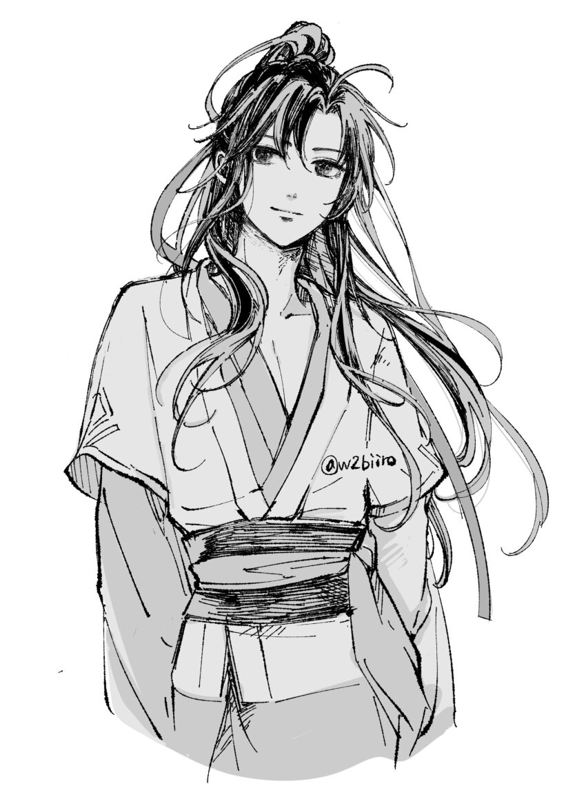1boy ahoge bishounen chinese_clothes closed_mouth collarbone greyscale hair_ribbon hanfu highres long_hair long_sleeves looking_at_viewer male_focus modao_zushi monochrome pectoral_cleavage pectorals ponytail ribbon robe sash simple_background smile solo twitter_username upper_body w2biiro wei_wuxian white_background