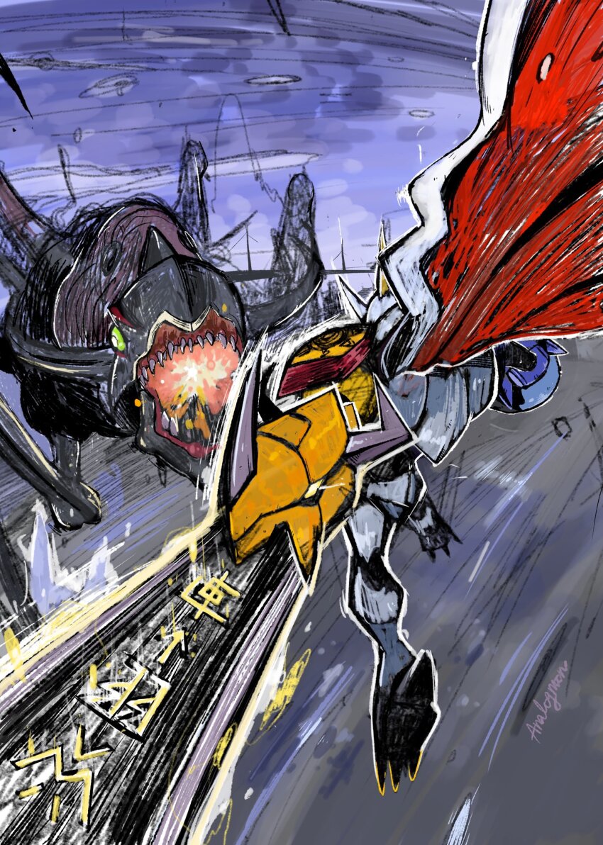 analog_boy02 arm_blade armagemon cape digimon digimon_adventure_02 digimon_adventure_02:_diablomon_no_gyakushu from_behind highres no_humans omegamon sword tagme weapon