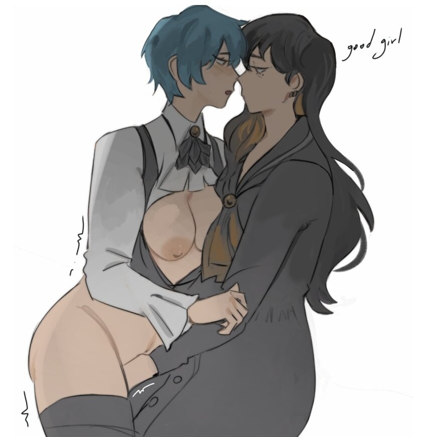 2girls angela_(project_moon) ascot binah_(project_moon) black_ascot black_dress black_eyes black_hair blonde_hair blue_hair breasts closed_mouth collared_shirt colored_inner_hair dearpupa dress earrings fingering jewelry library_of_ruina long_hair long_sleeves looking_at_another mole mole_under_eye multicolored_hair multiple_girls nipples open_clothes open_vest partially_undressed project_moon shirt short_hair simple_background standing upper_body vest white_background white_shirt yellow_eyes yuri