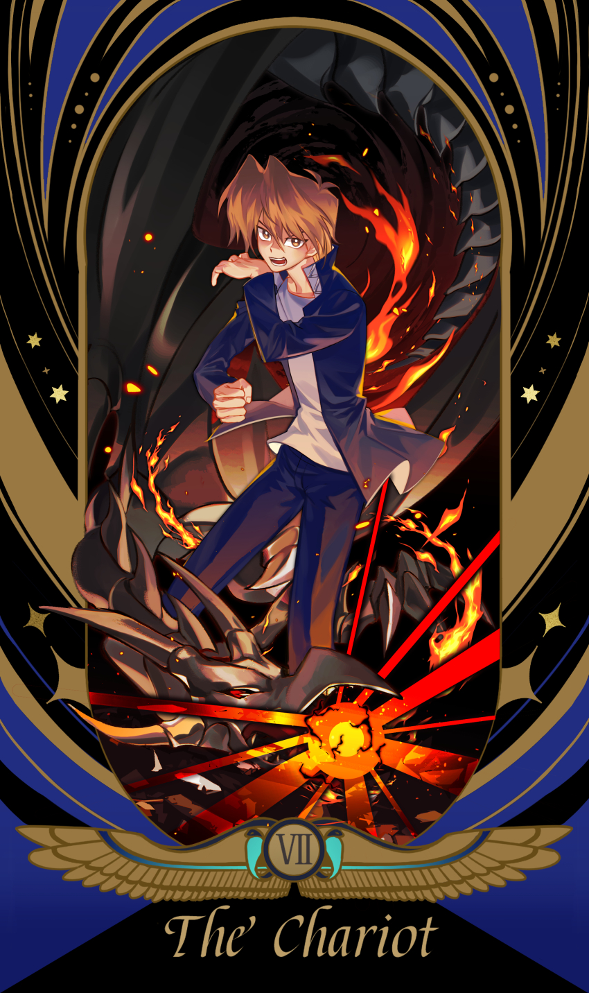 1boy absurdres blonde_hair border brown_eyes card_(medium) dragon duel_monster english_text full_body gakuran highres jonouchi_katsuya looking_at_viewer male_focus open_clothes open_shirt red-eyes_black_dragon revision roman_numeral school_uniform shirt short_hair solo_focus ssbaby tarot tarot_(medium) the_chariot_(tarot) white_shirt yu-gi-oh!