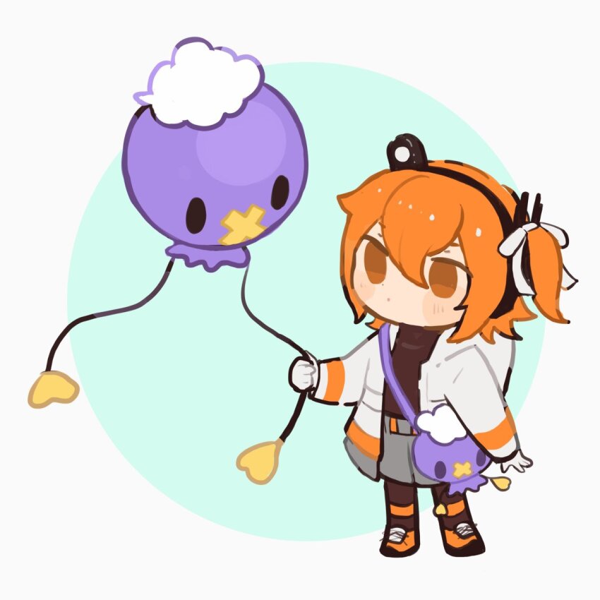 1girl a.i._voice adachi_rei bag black_shirt chibi chibi_only commentary drifloon game_freak gen_4_pokemon gloves grey_shorts hair_between_eyes handbag highres holding jacket long_sleeves nintendo one_side_up open_clothes open_jacket orange_eyes orange_hair orange_shoes pokemon pokemon_(creature) s1ho_(ukiy0u0) shirt shoes shorts solo standing symbol-only_commentary white_gloves white_jacket