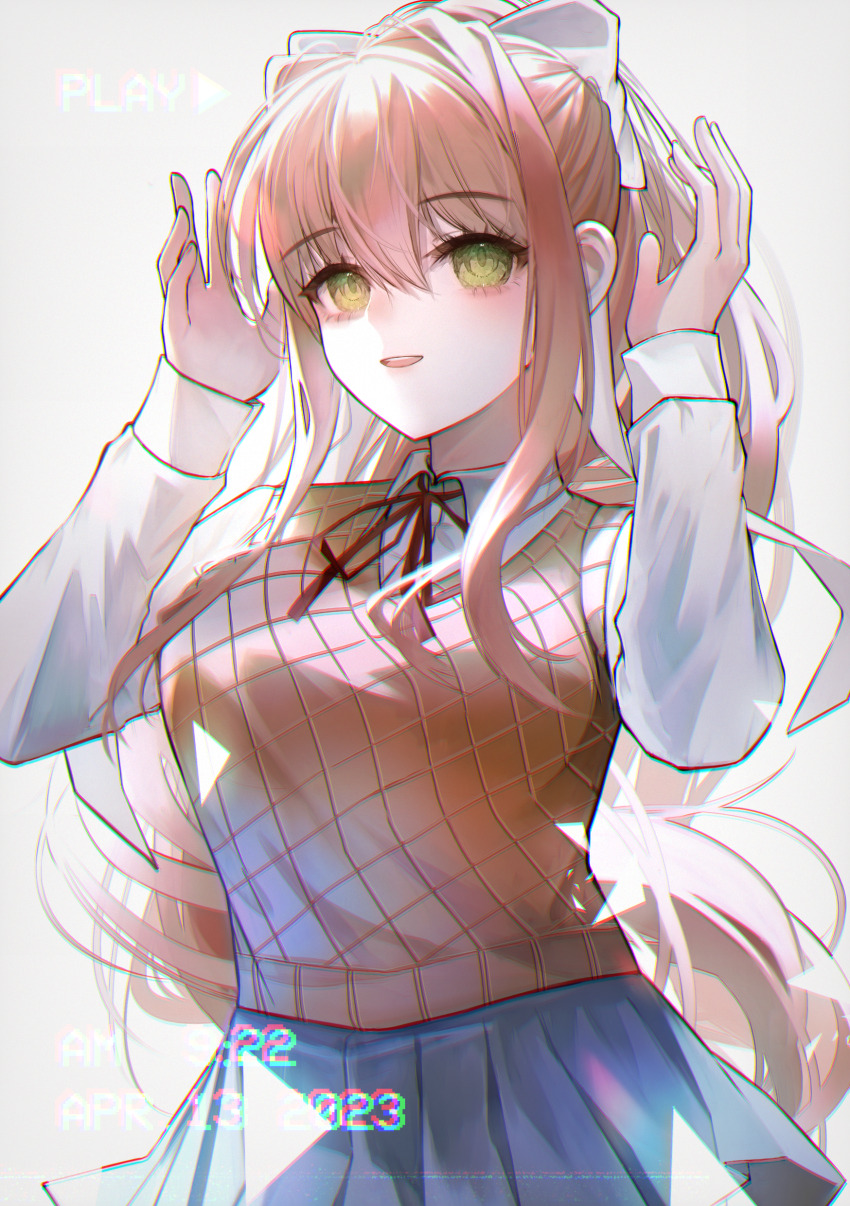 1girl 2023 absurdres breasts brown_hair collared_shirt dated doki_doki_literature_club doki_doki_literature_club_school_uniform filtered green_eyes hair_between_eyes hair_intakes hair_ornament hair_ribbon hands_up highres long_hair monika_(doki_doki_literature_club) open_mouth ponytail ribbon school_uniform shirt sidelocks simple_background skirt sweat very_long_hair vhs_artifacts wny_(wnys_art)