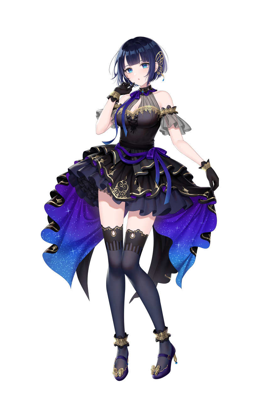1girl :o absurdres ankle_garter arm_at_side black_gloves blue_eyes blue_hair breasts dark_blue_hair dress frilled_dress frills full_body gloves hair_ornament halter_dress halterneck hand_up highres looking_at_viewer mairo mary_janes medium_breasts open_mouth propro_production see-through_clothes shiduki_sena shoes short_hair simple_background solo standing thighhighs transparent_background virtual_youtuber