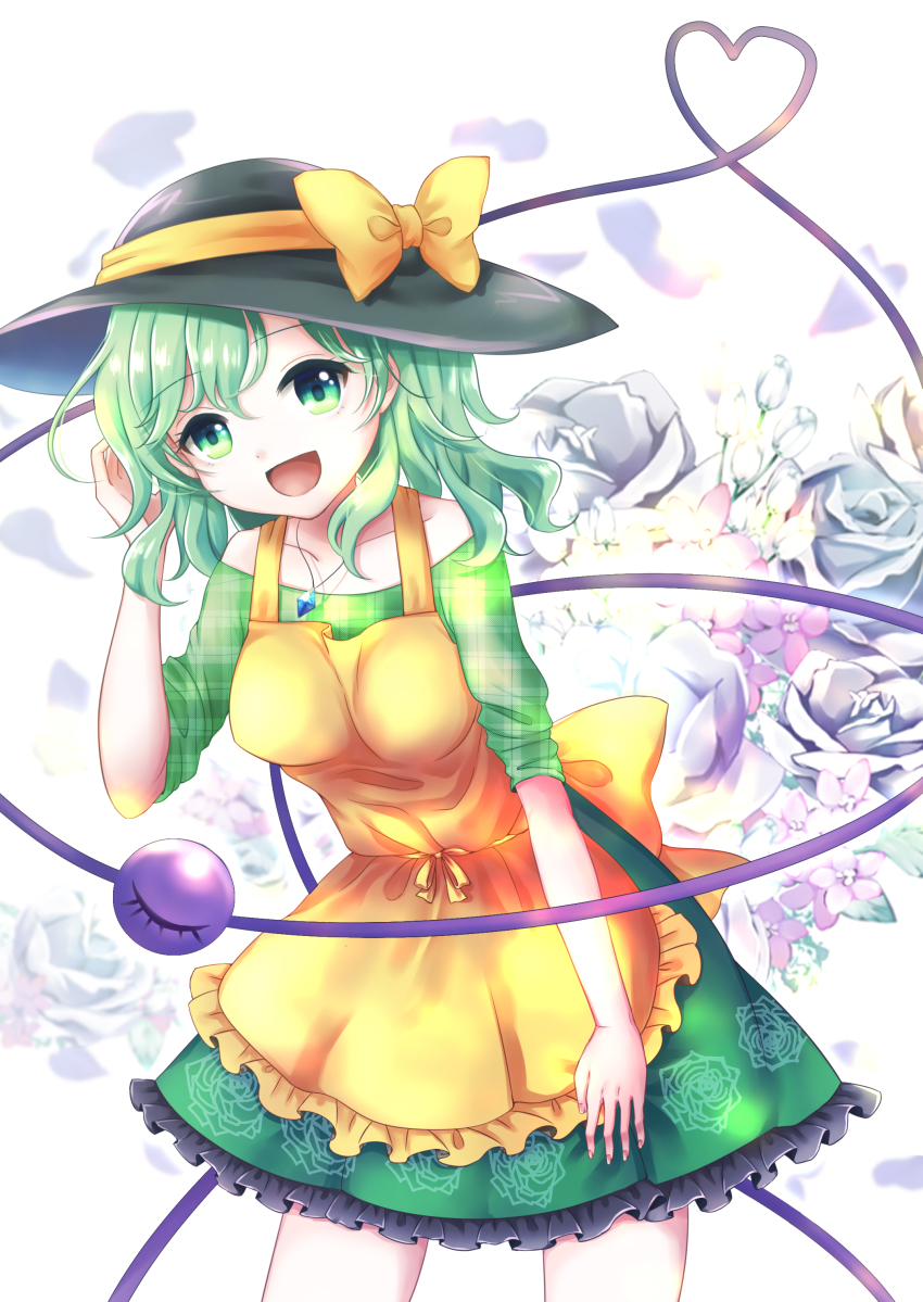1girl absurdres adapted_costume alternate_costume apron black_hat bow breasts eyeball female_focus floral_print green_eyes green_hair green_shirt green_skirt hat hat_bow hat_ribbon heart heart_of_string highres jewelry komeiji_koishi long_sleeves necklace open_mouth plaid_clothes plaid_shirt ribbon rnkgmn shirt skirt sleeves_rolled_up smile solo string third_eye touhou