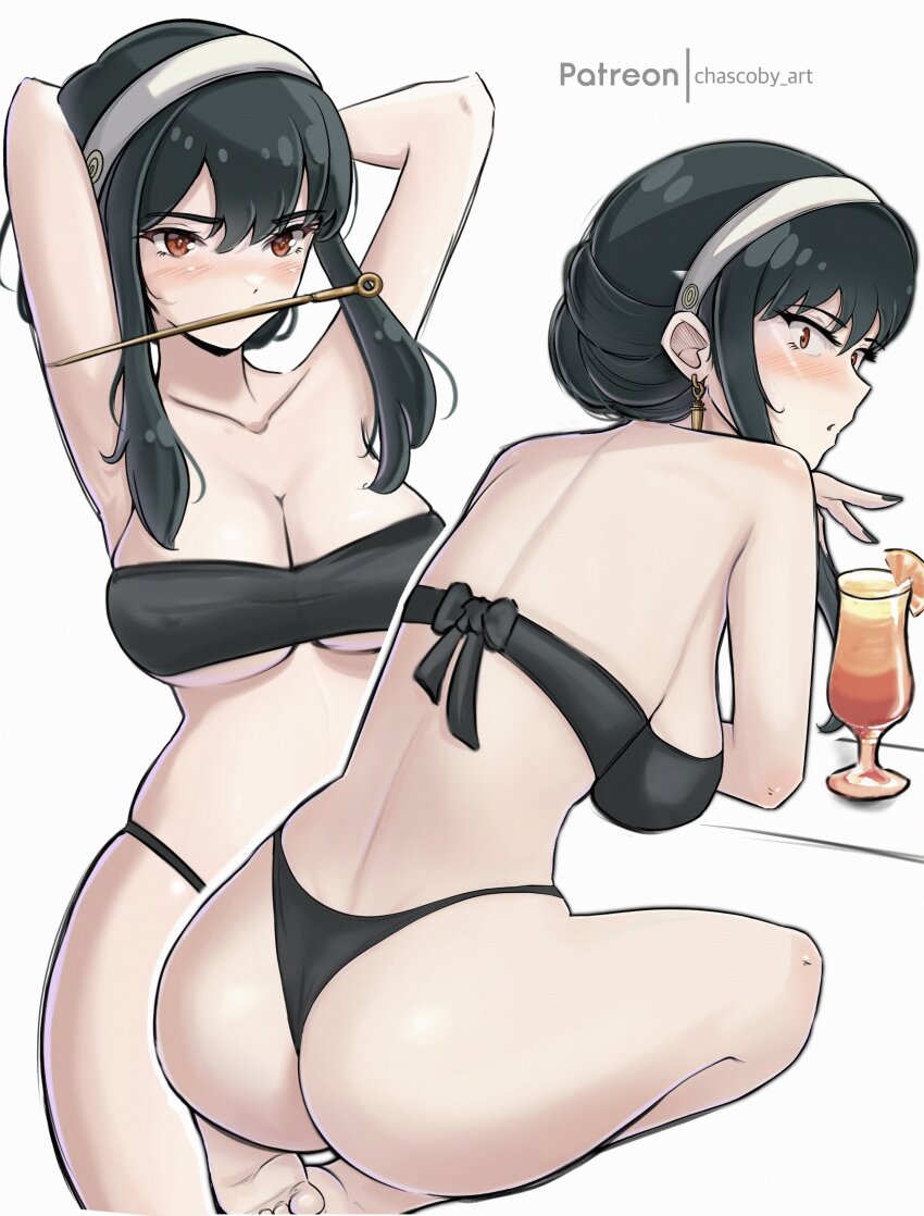 1girl absurdres arms_behind_head artist_name ass back barefoot bikini black_bikini black_hair black_nails blush breasts chascoby cleavage collarbone commentary cowboy_shot cup dagger drinking_glass english_commentary hairband highres hurricane_glass kneeling knife large_breasts mouth_hold multiple_views parted_lips patreon_username red_eyes sidelocks simple_background spy_x_family standing stiletto_(weapon) strapless strapless_bikini swimsuit tying_hair underboob weapon white_background white_hairband yor_briar
