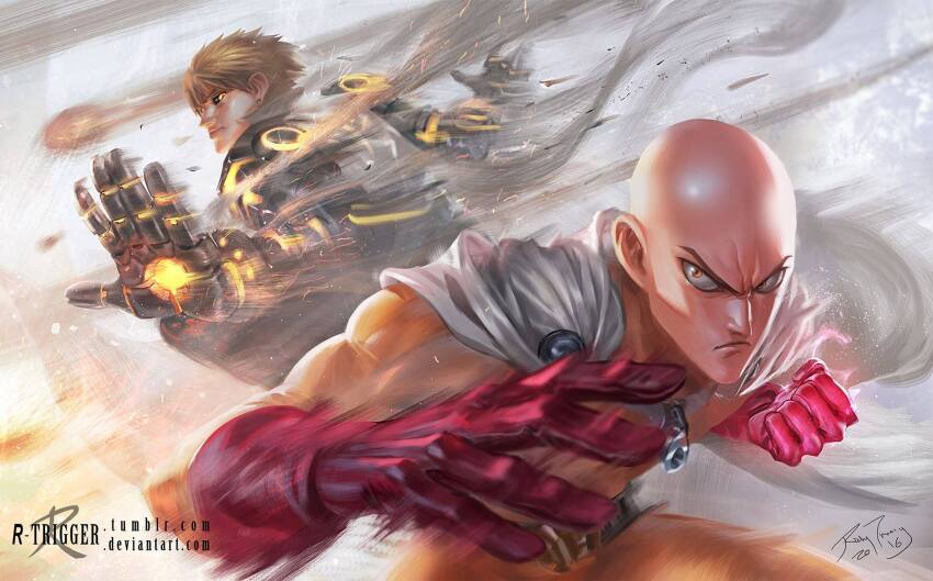 2016 2boys artist_logo artist_name bad_deviantart_id bad_id bald black_sclera blonde_hair bodysuit cape clenched_hand closed_mouth colored_sclera cyborg deviantart_username fighting_stance genos gloves highres logo long_sleeves male_focus multiple_boys one-punch_man orange_eyes red_gloves richy_truong saitama_(one-punch_man) short_hair signature superhero_costume tumblr_username watermark web_address white_cape yellow_bodysuit yellow_eyes zipper zipper_pull_tab