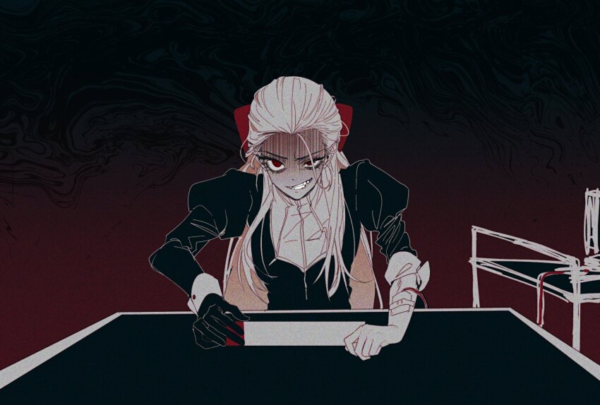 1girl aged_down akagi:_yami_ni_oritatta_tensai black_background black_gloves black_jacket blood bow commentary_request distortion fukumoto_mahjong genderswap genderswap_(mtf) gloom_(expression) gloves gradient_background grin hair_bow hair_slicked_back highres intravenous_drip jacket juliet_sleeves korean_commentary long_hair long_sleeves looking_at_viewer mahjong mahjong_table mahjong_tile muuumin puffy_sleeves red_background red_bow red_eyes single_glove smile smoke solo table upper_body v-shaped_eyebrows washizu_iwao white_hair