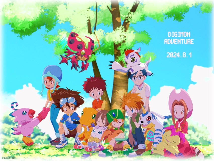 agumon animal_hands artist_logo artist_name bird blonde_hair blue_eyes blue_fur blue_hair blue_shirt body_fur brown_hair bug cat closed_eyes coat colored_skin copyright_name dated digimon digimon_adventure digimon_day feathers finger_to_mouth flat_chest fur_coat gabumon gloves gomamon green_eyes green_hat green_shirt group_picture hand_focus hat head_wings highres ishida_yamato izumi_koshiro kido_jo logo medium_hair open_mouth orange_shirt orange_skin outdoors palmon patamon paw_gloves pink_feathers piyomon red_eyes reptile sharp_teeth shirt short_hair sleeping sleeveless sleeveless_shirt tachikawa_mimi tailmon takaishi_takeru takenouchi_sora teeth tentomon tree whiskers white_fur wings yagami_hikari yagami_taichi yellow_shirt yukimi_(kurumi-no-naruki)