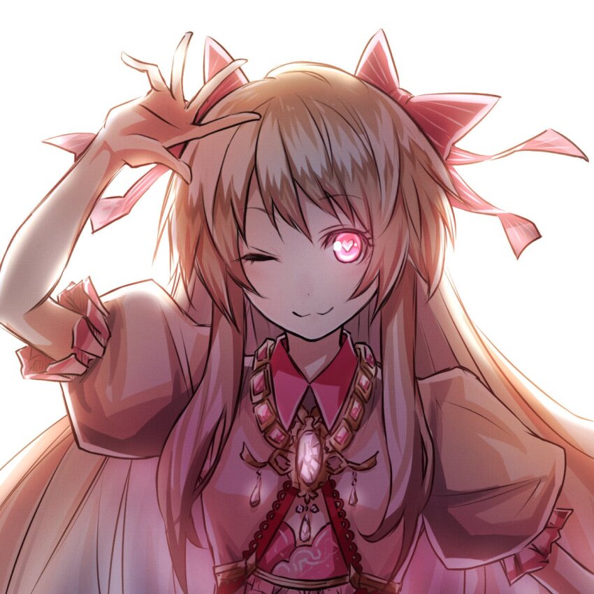 1girl ;3 blonde_hair breasts chaos_marie_(grimms_notes) cleavage cleavage_cutout closed_mouth clothing_cutout collar corset diamond_necklace frilled_corset frills grimms_notes hair_ribbon hana_grimms hand_up heart heart-shaped_pupils highres jewelry long_hair necklace one_eye_closed pink_collar pink_corset pink_ribbon puffy_short_sleeves puffy_sleeves ribbon shirt short_sleeves sidelocks simple_background smile solo symbol-shaped_pupils white_background white_shirt