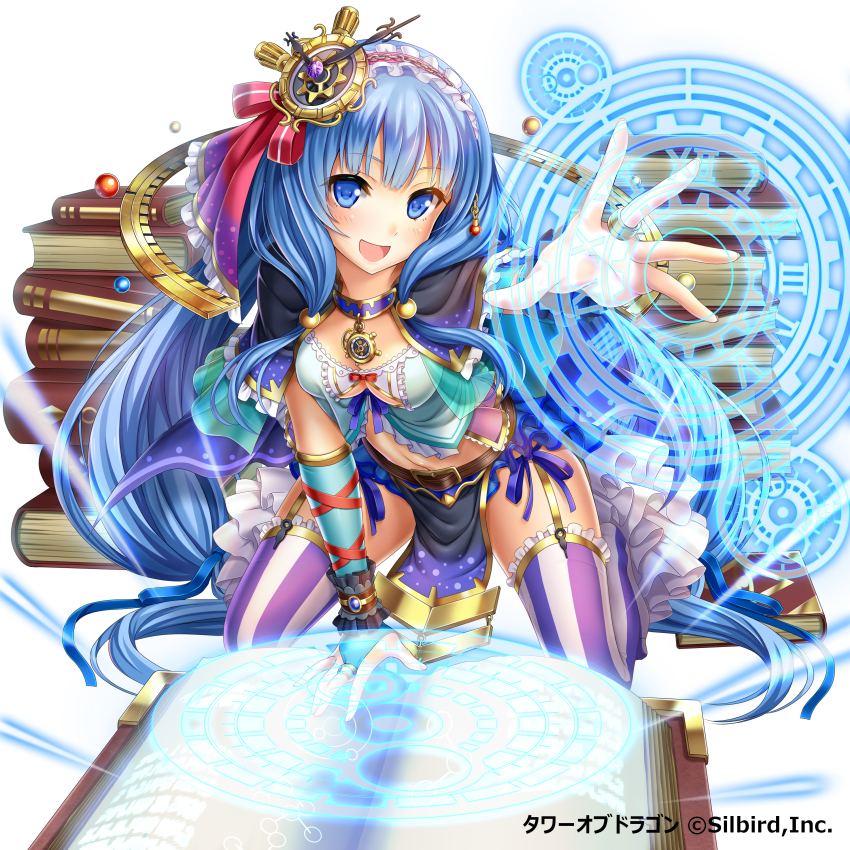 1girl absurdres blue_eyes blue_hair book breasts cleavage cleavage_cutout clothing_cutout female_focus hair_ornament hair_ribbon highres kneeling long_hair matching_hair/eyes medium_breasts midriff navel purple_ribbon red_ribbon ribbon simple_background solo striped_clothes striped_thighhighs thighhighs tower_of_dragon violetshit white_background