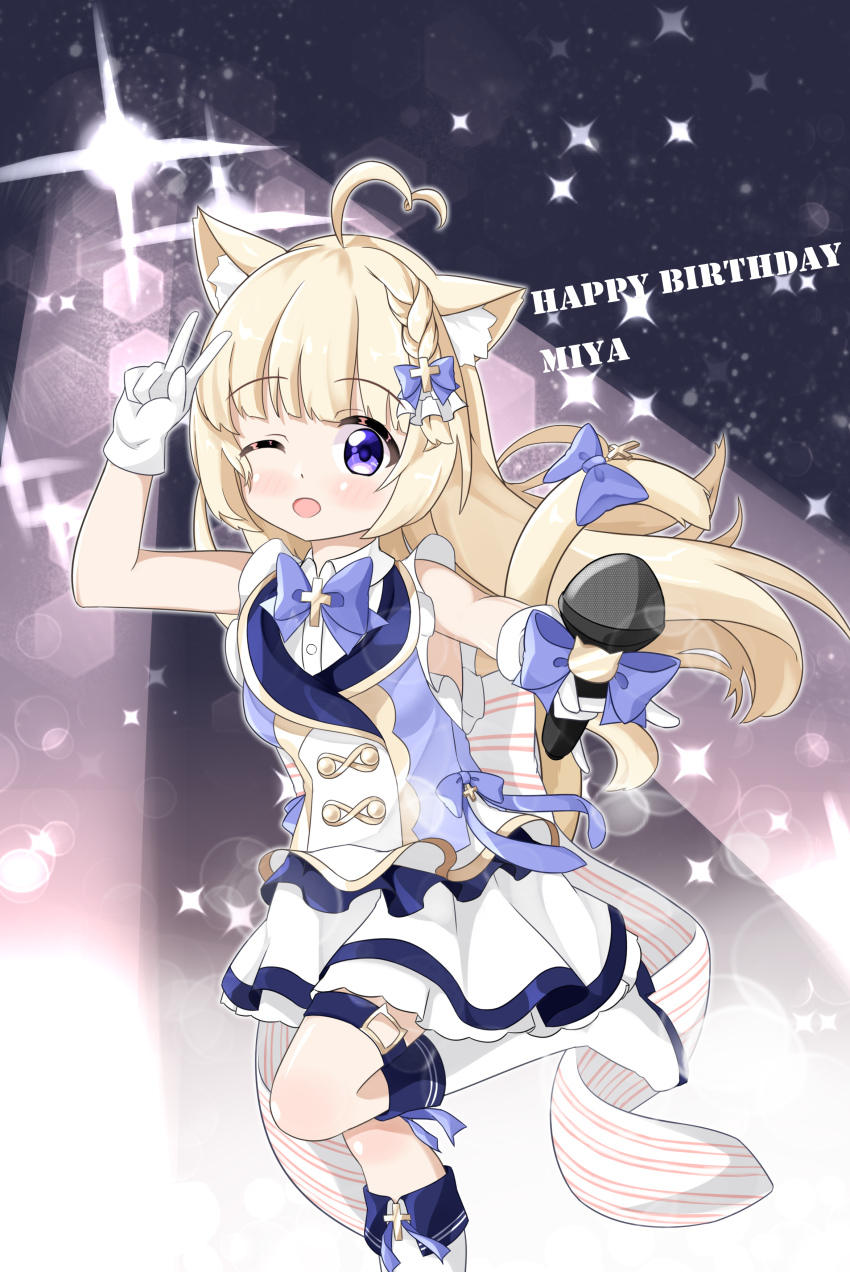 1girl 7th_dragon_(series) 7th_dragon_2020 7th_dragon_2020-ii ;o absurdres animal_ears blonde_hair blue_eyes boots cat_ears gloves highres idol idol_(7th_dragon) long_hair mao_xin&#039;ai one_eye_closed thigh_boots thighhighs virtual_youtuber