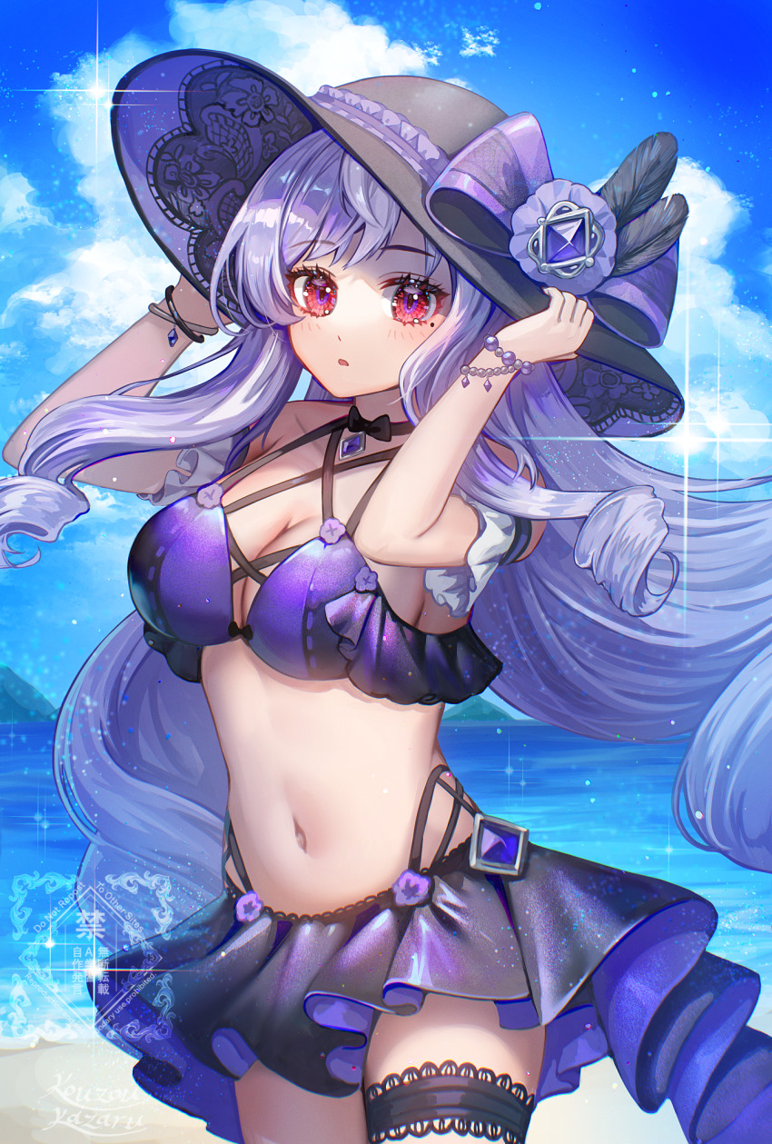 1girl alternate_costume bare_shoulders beach bikini black_hat blue_sky blush bow bra cloud collarbone commentary_request cowboy_shot day drill_hair frilled_bikini frills gem hand_on_headwear hands_up hat hat_bow highres kozou_kazaru lace lace-trimmed_bra lace_trim long_hair navel outdoors parted_lips purple_bikini purple_gemstone purple_hair red_eyes sky solo stomach sun_hat swimsuit thigh_strap underwear very_long_hair vivian_(zenless_zone_zero) water zenless_zone_zero