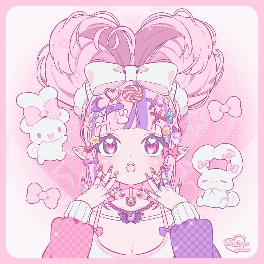 1girl :o bandaid bell blunt_bangs blush bow candy charm_(object) cinnamoroll collar demon_girl demon_horns eyelashes fingernails food fuwa_fuwa_cinnamoroll hair_bow hair_ornament hairclip hairpin highres horns ironmouse ironmouse_outfit_art_contest jewelry long_hair long_sleeves looking_up mellownote multicolored_hair multiple_rings nail_charm neck_bell necklace open_mouth pink_bow pink_eyes pink_hair pink_theme pointy_ears polka_dot purple_bow ring sanrio solo square streaked_hair teeth two_side_up upper_body upper_teeth_only virtual_youtuber vshojo white_bow