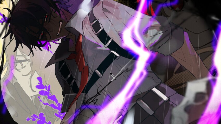 1boy 1girl black_gloves brown_hair catherine_(project_moon) dark-skinned_male dark_skin gloves hamelon310 heathcliff_(project_moon) highres lightning limbus_company long_hair long_sleeves male_focus necktie project_moon purple_eyes rain red_necktie scar shirt short_hair solo_focus upper_body white_shirt