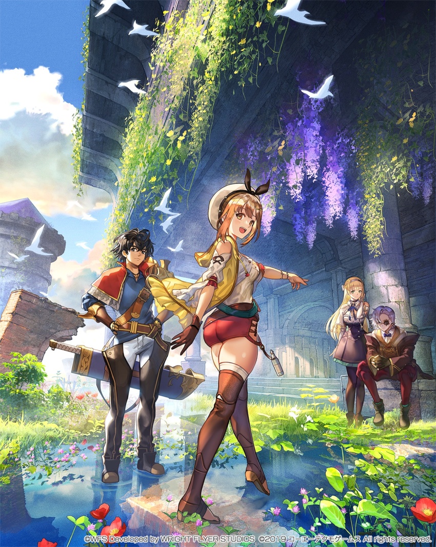 2boys 2girls aldo_(another_eden) another_eden armor artist_request ass atelier_(series) atelier_ryza atelier_ryza_1 bare_shoulders bell belt beret bird black_bow black_bowtie black_chaps black_hair black_hairband black_pantyhose blonde_hair blue_eyes blue_hair blue_shirt blue_sky boots bow bowtie bracelet breasts brown_belt brown_eyes brown_footwear brown_gloves brown_hair camisole capelet chaps collared_shirt commentary_request copyright_notice crossover detached_sleeves empel_vollmer flower gauntlets gloves hairband hands_on_own_hips hat hat_bow high-waist_skirt highres huge_weapon jacket jewelry jingle_bell klaudia_valentz long_hair looking_at_viewer medium_breasts multiple_boys multiple_girls necklace official_art open_clothes open_jacket open_mouth pantyhose pauldrons purple_skirt red_capelet red_flower red_shorts reisalin_stout scabbard sheath sheathed shirt short_hair shorts shoulder_armor shoulder_belt shoulder_strap single_glove single_pauldron sitting skirt sky sleeveless sleeveless_jacket smile standing steel-toe_boots sword teeth thigh_boots toeless_legwear upper_teeth_only walking water weapon white_bird white_camisole white_hat white_shirt white_sleeves yellow_jacket