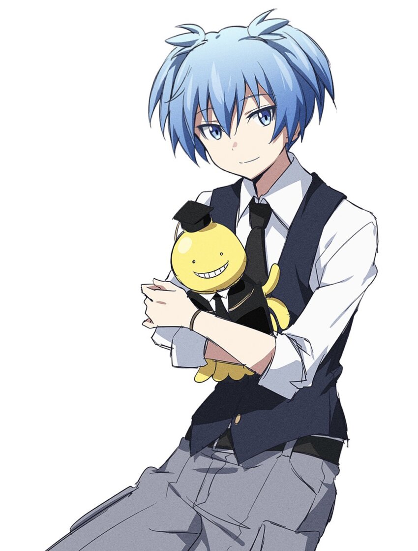 1boy ansatsu_kyoushitsu belt black_belt black_cloak black_necktie blue_eyes blue_hair blue_vest cargo_pants character_doll cloak closed_mouth collared_shirt cowboy_shot doll grey_pants grin hair_between_eyes hair_tie_on_wrist hat highres holding holding_stuffed_toy koro-sensei kunugigaoka_middle_school_uniform looking_at_viewer mortarboard necktie pants school_uniform shiota_nagisa shirt short_twintails simple_background sleeves_rolled_up smile stuffed_toy twintails vest white_background white_shirt wing_collar yur11