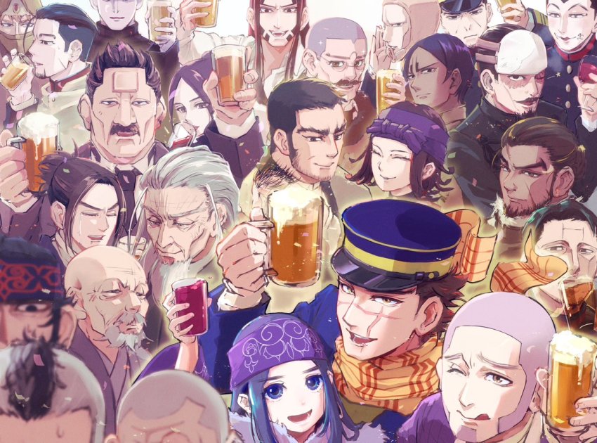 3girls 6+boys :d ainu_clothes alcohol asirpa beard beer beer_mug black_hair black_necktie blue_eyes blue_headwear blurry blurry_foreground burn_scar buzz_cut cup dark-skinned_male dark_skin drink drinking everyone closed_eyes facial_hair facial_scar forehead_protector gansoku_maiharu golden_kamuy grey_hair hanazawa_yusaku hat headband hijikata_toshizou_(golden_kamuy) ienaga_kano inkarmat kadokura_(golden_kamuy) kepi kirawus_(golden_kamuy) kiroranke koito_otonoshin long_beard mgmgmg_aw8nf military_hat mug multiple_boys multiple_girls mustache nagakura_shinpachi_(golden_kamuy) necktie nihei_tetsuzou nikaidou_kouhei ogata_hyakunosuke old old_man oosawa_fusatarou open_mouth purple_headband scar scar_across_eye scar_on_cheek scar_on_face scar_on_nose scarf shiraishi_yoshitake short_hair sideburns smile stubble sugimoto_saichi tanigaki_genjirou thick_eyebrows toni_anji tsukishima_hajime tsurumi_tokushirou usami_tokishige ushiyama_tatsuma vasily_(golden_kamuy) very_short_hair yellow_scarf