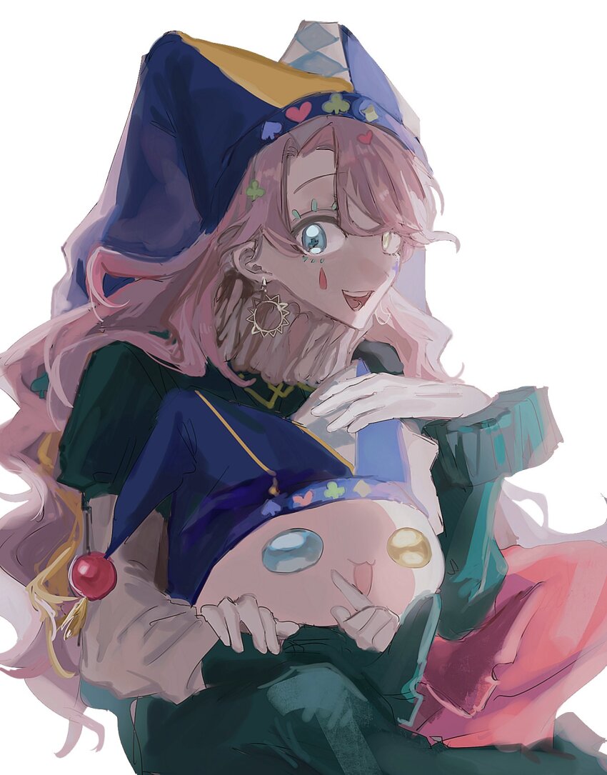 afro_puffs checkered_clothes checkered_hat checkered_pantyhose club_(shape) diamond_(shape) gloves hat highres jester jester_cap jikishirone long_hair looking_at_viewer madan_no_ichi mark_under_eye multicolored_hair multicolored_hat neck_ruff pantyhose pink_hair puffy_sleeves simple_background spade_(shape) streaked_hair striped_clothes striped_headwear striped_pantyhose vertical-striped_clothes vertical-striped_headwear white_background yuyu_(a07161092)