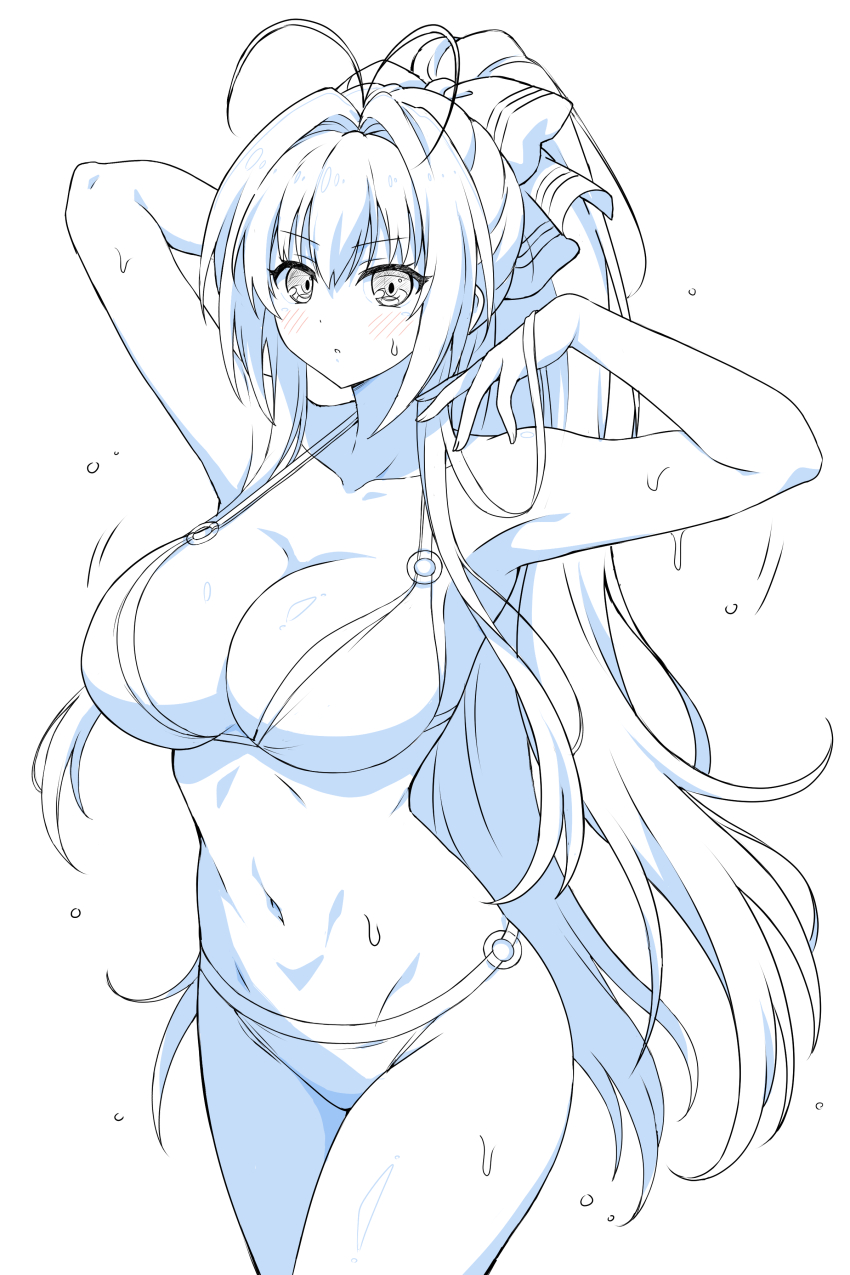 1girl absurdres amagi_brilliant_park antenna_hair bikini blush breasts collarbone eggman_(ni_tamagoex) feet_out_of_frame highres lineart long_hair monochrome navel o-ring o-ring_bikini ponytail ribbon sento_isuzu solo swimsuit very_long_hair wet