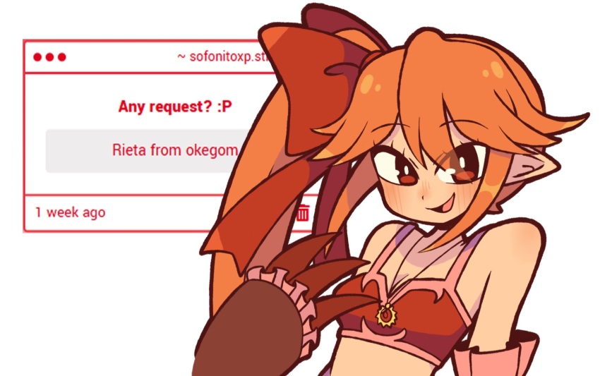 1girl blush bow breasts brown_hair cleavage commentary english_commentary english_text funamusea haiiro_teien hair_bow highres long_hair looking_at_viewer open_mouth pointy_ears red_bow red_eyes rieta_(funamusea) side_ponytail small_breasts smile sofo_soup solo upper_body