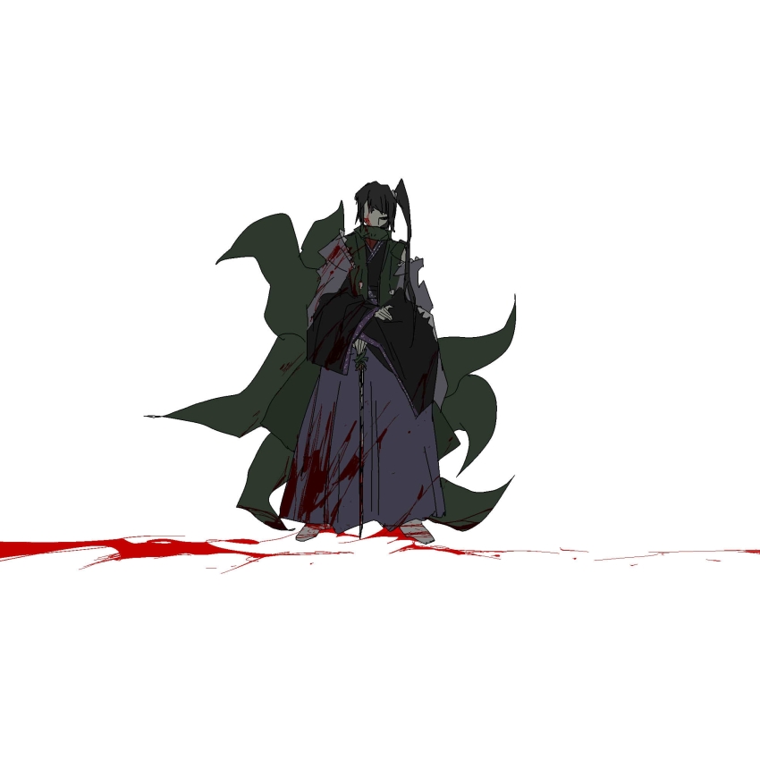1other adagumo_no_yaorochi androgynous black_hair black_kimono blood blood_on_clothes blood_on_face cape coat faceless floral_print frilled_cape full_body green_coat green_scarf hair_ornament hair_over_shoulder hair_scrunchie hakama hakama_pants hand_on_own_arm high_side_ponytail highres holding holding_sword holding_weapon japanese_clothes jinbaori kimono len&#039;en long_hair long_sleeves multiple_tails mxx33 other_focus pants pom_pom_(clothes) pool_of_blood purple_cape purple_hakama scarf scrunchie short_kimono snake_tail socks solo standing straight-on sword sword_of_kusanagi tail tasouken weapon white_scrunchie white_socks wide_sleeves