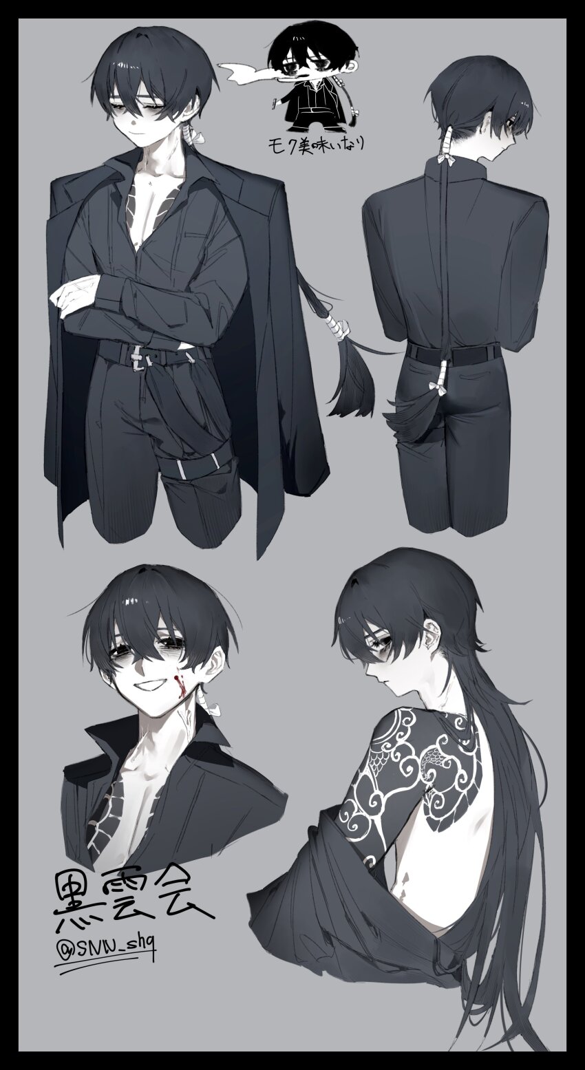 1boy absurdres bags_under_eyes belt black_border black_eyes black_hair black_suit blood blood_on_face border crossed_arms double-parted_bangs formal_clothes grin hair_between_eyes highres irezumi jacket jacket_on_shoulders kurokumo_clan_(identity)_(project_moon) leg_belt limbus_company male_focus multiple_views ponytail popped_collar project_moon smile smoking snn_shq solo suit tattoo undressing yi_sang_(project_moon)