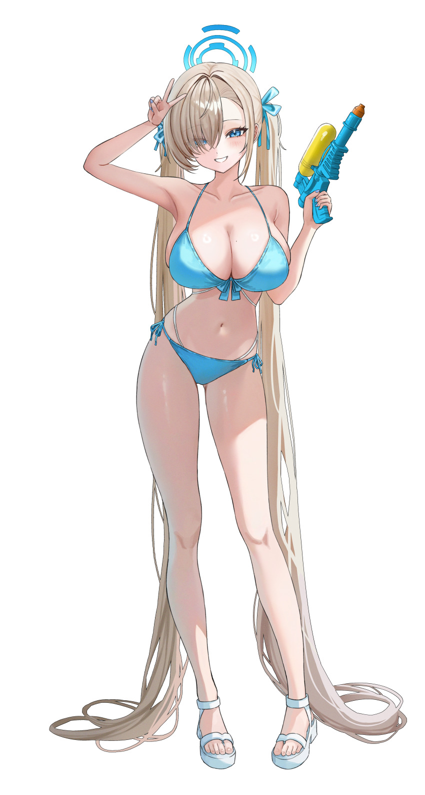 1girl absurdly_long_hair absurdres alternate_costume alternate_hairstyle asuna_(blue_archive) bikini blue_archive blue_bikini blue_eyes blue_halo blue_ribbon blush breasts brown_hair cleavage collarbone commentary contrapposto english_commentary eyes_visible_through_hair full_body hair_over_one_eye hair_ribbon halo hand_up highres holding_toy_gun large_breasts long_hair looking_at_viewer navel ribbon sandals simple_background skindentation smile solo standing swimsuit thighs toes twintails v very_long_hair water_gun white_sandals yamu_(yamu_030)