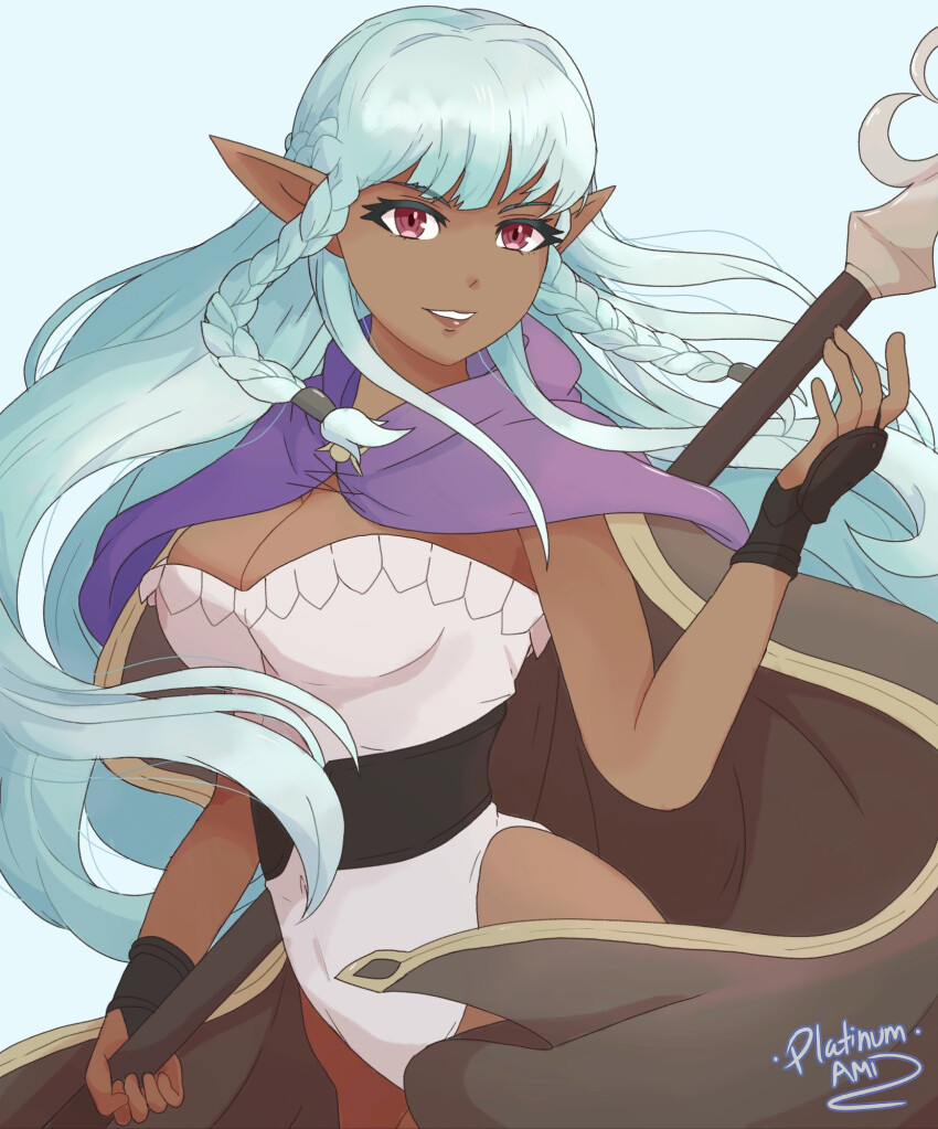 1girl braid breasts cape cleavage dark-skinned_female dark_skin elf green_hair highres large_breasts leotard long_hair platinumami pointy_ears red_eyes rosalinde_(unicorn_overlord) staff teeth unicorn_overlord