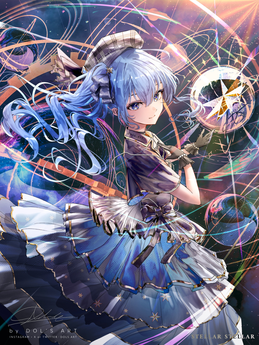 1girl absurdres alternate_costume bead_bracelet beads black_gloves blue_eyes blue_hair blue_ribbon bracelet capelet dols_art dress floating_hair frilled_gloves frilled_skirt frills from_side gloves gradient_clothes gradient_dress grey_hat hair_ribbon hand_on_own_chest hat highres hololive hoshimachi_suisei jewelry layered_skirt long_dress looking_at_viewer plaid_hat ribbon side_ponytail skirt smile solo virtual_youtuber