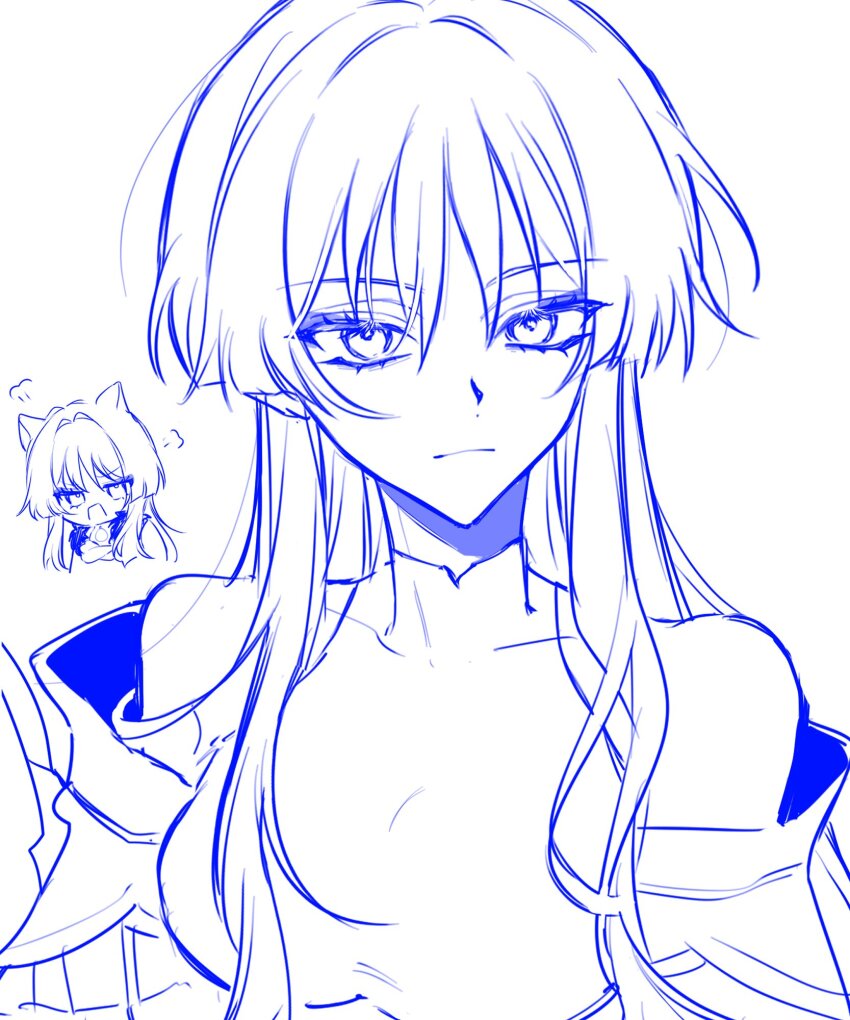 1girl alternate_hair_length alternate_hairstyle animal_ears baobei_mill bare_shoulders black_bodysuit blunt_ends bodysuit breasts cat_ears closed_mouth covered_collarbone crossed_arms expressionless eyelashes eyeliner eyeshadow fur_collar genderswap genderswap_(mtf) genshin_impact highres long_hair long_sidelocks looking_at_viewer makeup mandarin_collar medium_breasts monochrome off_shoulder open_mouth puff_of_air scaramouche_(genshin_impact) sidelocks solo tsurime wispy_bangs