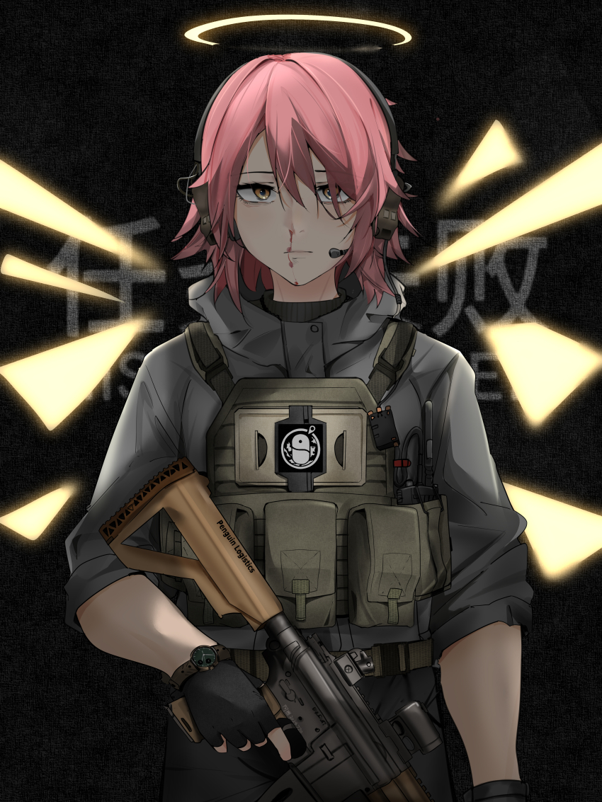 1girl absurdres alternate_costume ammunition_pouch angel angel_wings arknights assault_rifle bags_under_eyes belt black_gloves black_sweater blood bulletproof_vest commentary cowboy_shot dark_background detached_wings energy_wings english_commentary english_text expressionless exusiai_(arknights) fingerless_gloves gloves grey_pants gun h&amp;k_hk416 halo headset highres holding holding_gun holding_weapon hood hood_down hooded_jacket iubworks jacket logo long_sleeves looking_at_viewer magazine_(weapon) nosebleed optical_sight pants penguin_logistics_(arknights) penguin_logistics_logo pouch red_hair rifle short_hair sidelocks sleeves_rolled_up solo standing sweater tactical_clothes traditional_halo trigger_discipline turtleneck turtleneck_sweater walkie-talkie watch weapon wings
