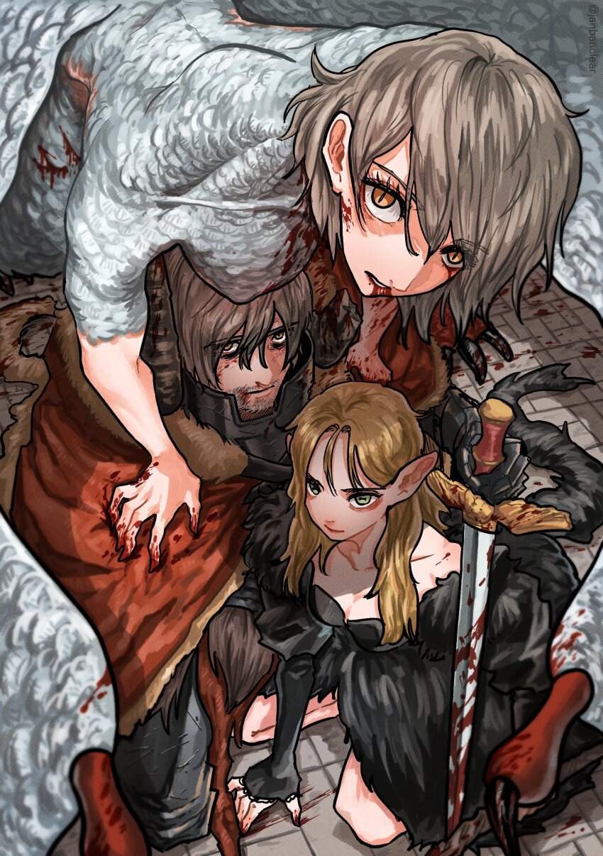 1boy 2girls absurdres alternate_form armor black_armor black_dress blonde_hair blood blood_on_body blood_on_clothes blood_on_face blood_on_hands bloody_weapon breasts brown_hair chimera cloak commentary_request dress dungeon_meshi elf facial_hair falin_touden falin_touden_(chimera) feathers fur-trimmed_cloak fur_dress fur_trim green_eyes hair_between_eyes hand_rest highres holding holding_sword holding_weapon horizontal_pupils horns janbanclear kneeling laios_touden laios_touden_(demon_king) long_hair looking_at_viewer marcille_donato marcille_donato_(lord) monster_girl multiple_girls orange_eyes plate_armor pointy_ears red_cloak short_hair sword weapon white_feathers white_scales yellow_eyes