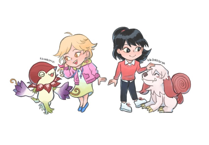 2girls digimon digimon_survive dog floramon highres kimishima_saki labramon multiple_girls petals shibuya_aoi smile