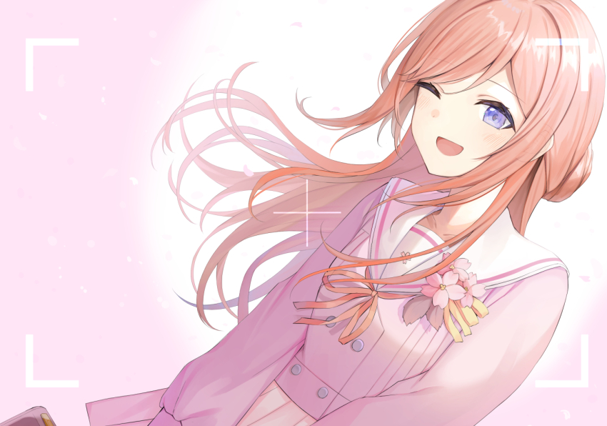 1girl ;d blue_eyes blush brown_hair commentary dutch_angle floating_hair foomo009 gakuen_idolmaster himesaki_rinami idolmaster long_hair long_sleeves looking_at_viewer neck_ribbon official_alternate_costume one_eye_closed open_mouth pink_serafuku ribbon sakura_photograph_(idolmaster) school_uniform serafuku smile solo symbol-only_commentary very_long_hair viewfinder