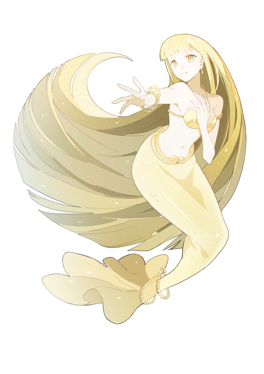 1girl absurdly_long_hair absurdres armlet bare_arms bare_shoulders bead_bracelet beads bikini blonde_hair blunt_bangs blunt_ends bracelet coco_(mermaid)_(mermaid_melody_pichi_pichi_pitch) coco_(mermaid_melody_pichi_pichi_pitch) dot_nose earrings eyelashes fins fish_tail floating_hair full_body hand_on_own_chest happy highres jewelry long_hair looking_ahead mermaid mermaid_melody_pichi_pichi_pitch monster_girl morgue_(southsakura) navel necklace open_mouth outstretched_hand reaching shell shell_bikini simple_background sitting smile solo stomach straight_hair strapless strapless_bikini swimsuit tail tail_ornament tail_ring very_long_hair white_background yellow_bikini yellow_eyes yellow_tail