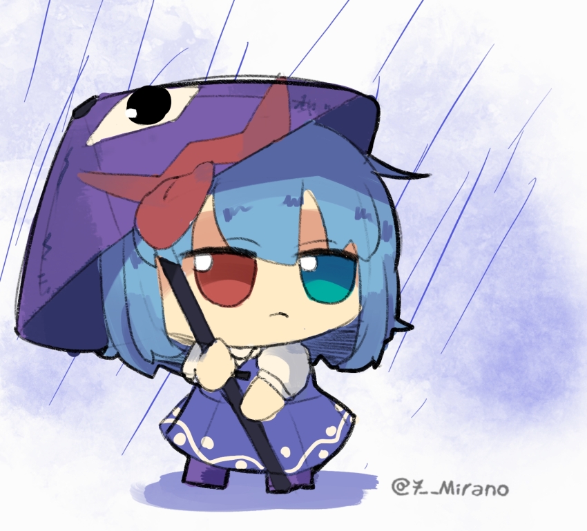 1girl 7-mirano blue_eyes blue_hair expressionless fumo_(doll) heterochromia highres long_sleeves puffy_sleeves red_eyes short_hair skirt solo tatara_kogasa touhou umbrella vest
