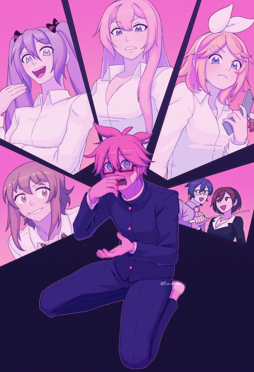 2boys 5girls @_@ absurdres bandaid bandaid_on_cheek bandaid_on_face blonde_hair blood blue_eyes blue_hair blush bow breasts brown_eyes brown_hair cellphone charm_(object) cleavage collared_shirt commentary english_commentary flip_phone gakuran glasses green_hair grin gumi hair_between_eyes hair_bow hair_ornament hairclip hatsune_miku headphones highres holding holding_phone kagamine_len kagamine_rin kaito_(vocaloid) kuraraan laughing lollipop_in_mouth long_hair long_sleeves megurine_luka meiko_(vocaloid) multiple_boys multiple_girls nosebleed open_mouth partially_unbuttoned phone pink_hair plus_danshi_(vocaloid) school_uniform shirt short_hair sitting smile striped_bow twintails vocaloid wariza white_shirt