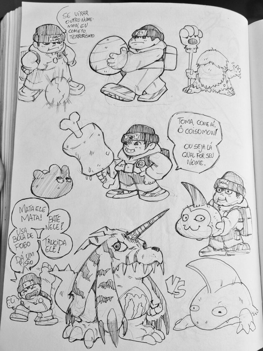 backpack bag betamon digimon digimon_(creature) digimon_world_re:digitize digitama egg fangs frog gabumon hat highres horns jijimon mameo_(digimon) open_mouth punimon sharp_teeth smile teeth traditional_media tunomon