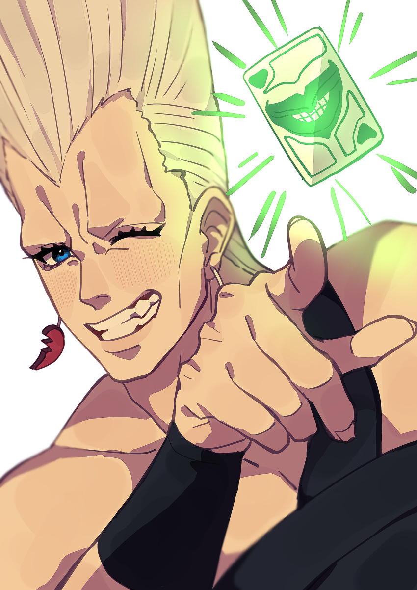 1boy absurdres blue_eyes card earrings flattop grey_hair grin highres jean_pierre_polnareff jewelry jojo_no_kimyou_na_bouken looking_at_viewer male_focus one_eye_closed playing_card pointing pointing_at_viewer portrait siniy smile solo stardust_crusaders tall_hair