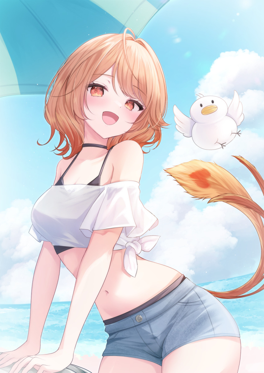 1girl ahoge bikini black_bikini black_choker blush bob_cut breasts choker cleavage cloud cloudy_sky commentary_request commission cowboy_shot crop_top denim denim_shorts heart highres hinotori_mera kurage_cc looking_at_viewer medium_breasts medium_hair navel off-shoulder_shirt off_shoulder open_mouth orange_eyes orange_hair propro_production see-through_clothes see-through_shirt shirt short_shorts shorts skeb_commission sky smile solo swimsuit swimsuit_under_clothes tail tied_shirt virtual_youtuber