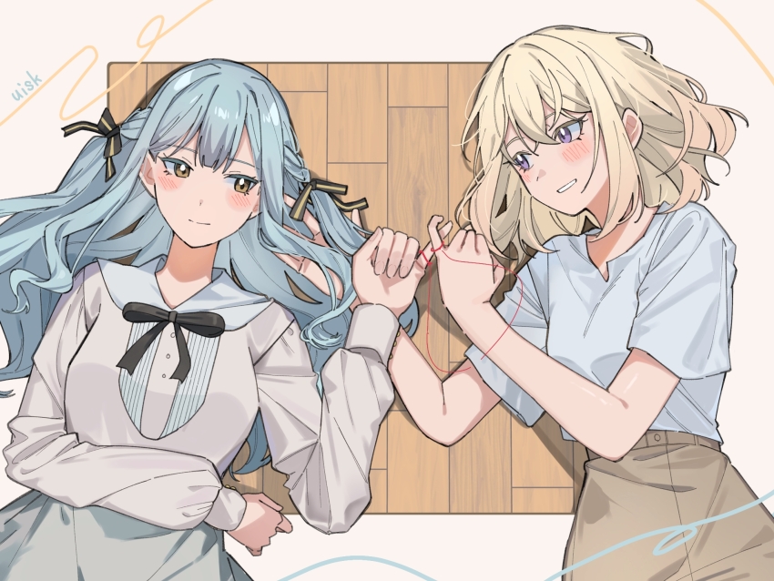 2girls bang_dream! bang_dream!_it&#039;s_mygo!!!!! black_ribbon blonde_hair blue_hair blush brown_skirt closed_mouth commentary hair_between_eyes hair_ribbon highres long_hair long_sleeves lying medium_hair misumi_uika multiple_girls nanami_(nunnun_0410) on_back open_mouth purple_eyes ribbon ship_name shirt short_sleeves skirt string string_of_fate togawa_sakiko two_side_up white_shirt yellow_eyes yuri