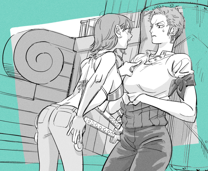 2girls bandana_around_arm bare_back bracelet breasts buttons earrings eyelashes frown genderswap genderswap_(mtf) highres jewelry large_breasts maiko_(setllon) monochrome multiple_girls multiple_swords nami_(one_piece) one_piece open_mouth pants pocket poking roronoa_zoro ship_deck short_hair sideboob sideburns sweatdrop