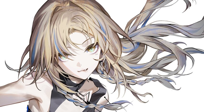 1girl alternate_costume alternate_design blonde_hair bow braid close-up earrings hair_ornament highres jewelry kirisame_marisa long_hair reeh_(yukuri130) short_hair sleeveless smile solo touhou twin_braids yellow_eyes