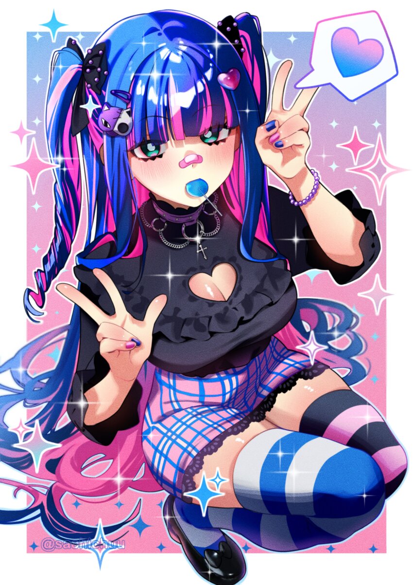 1girl absurdly_long_hair absurdres asymmetrical_legwear bandaid bandaid_on_face bandaid_on_nose bead_bracelet beads black_bow black_shirt black_shoes blue_hair blue_nails blush border bow bracelet breasts bright_pupils candy character_hair_ornament cleavage_cutout clothing_cutout collar colored_inner_hair commentary cross drill_hair english_commentary fingernails food food_in_mouth gradient_background green_eyes hair_bow hair_ornament hairclip heart heart_cutout heart_hair_ornament highres honekoneko_(psg) jewelry lace lace-trimmed_skirt lace_trim large_breasts lollipop long_fingernails long_hair looking_at_viewer mismatched_legwear mouth_hold multicolored_hair multicolored_nails nail_polish o-ring outside_border panty_&amp;_stocking_with_garterbelt pink_collar pink_hair pink_nails pink_skirt plaid_clothes plaid_skirt sachichuu shirt shoes skirt solo sparkle spoken_heart squatting stocking_(psg) streaked_hair striped_clothes striped_thighhighs thighhighs three-quarter_sleeves twitter_username two-tone_hair two_side_up v very_long_hair w white_border white_pupils