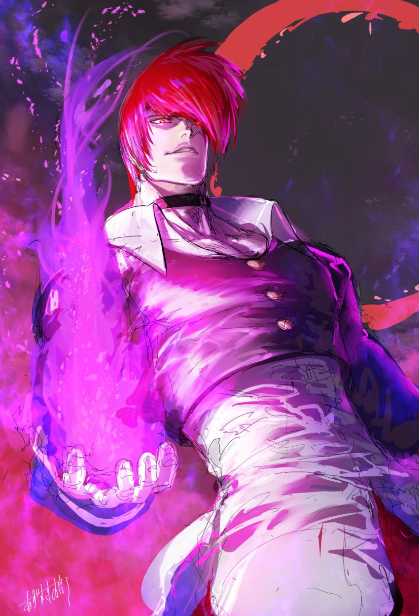 1boy azuma_kyoutarou_(artist) choker dress_shirt fire glowing glowing_eyes highres male_focus official_art one_eye_covered pyrokinesis red_hair shirt signature smirk solo the_king_of_fighters yagami_iori