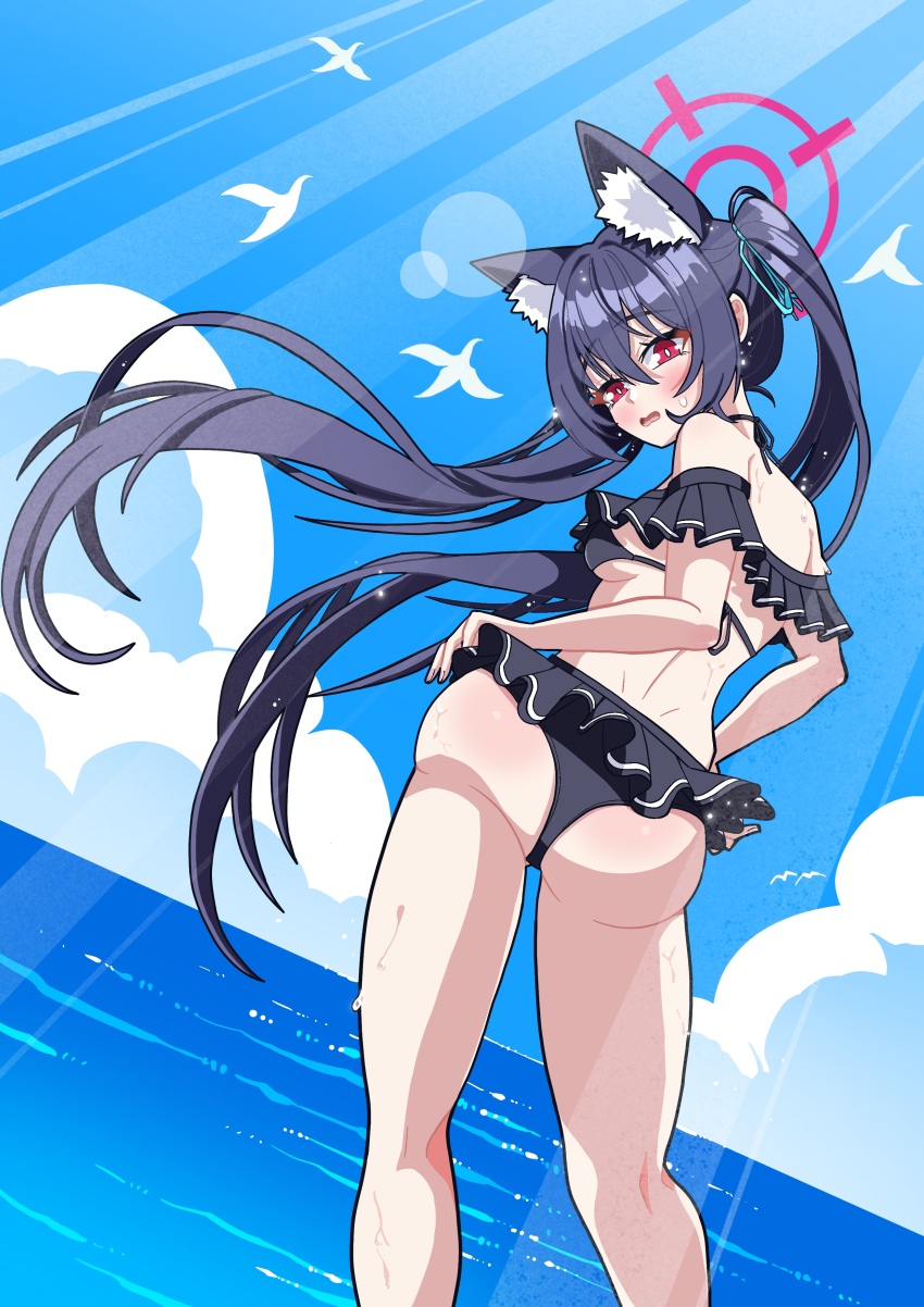 1girl absurdres animal_ears ass bare_shoulders bikini blue_archive blue_bikini breasts cat_ears days_(user_zehd4554) hair_between_eyes halo highres looking_at_viewer looking_back medium_breasts official_alternate_costume pink_halo purple_hair red_eyes serika_(blue_archive) serika_(swimsuit)_(blue_archive) swimsuit thighs