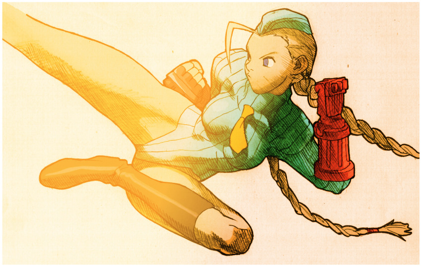 1girl angry bare_legs bengus beret blonde_hair blue_eyes bodypaint boots braid brown_boots cammy_white capcom clenched_hands facial_scar facing_to_the_side fighting_stance flying_kick game_cg gloves hat highleg highleg_leotard highres kicking legs_up leotard long_hair marvel marvel_vs._capcom marvel_vs._capcom_2 necktie non-web_source official_art scan scar scar_on_cheek scar_on_face simple_background sleeved_leotard solo standing street_fighter twin_braids