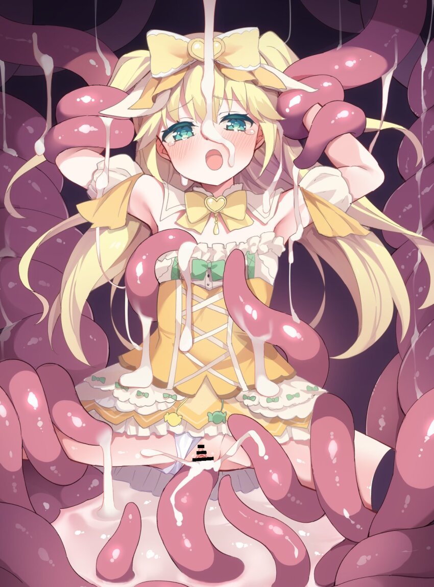 1girl bar_censor blonde_hair blush bow breasts censored commission cum cum_in_pussy dress fujisawa_yuzu hair_ornament highres karaage3 long_hair ongeki open_mouth panties restrained skeb_commission sleeveless solo spread_legs tentacles thighhighs underwear vaginal