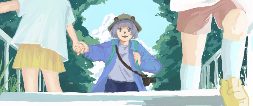 1boy 2girls :3 absurdres alternate_costume animal_ears animal_nose backpack bag blue_jacket blue_pants blue_sky brown_hat brown_shorts camera climbing cloud commentary_request cumulonimbus_cloud day ears_through_headwear following green_bag grey_eyes grey_hair grey_shirt hat head_out_of_frame highres holding_hands holding_strap jacket kneehighs mode_aim multiple_girls on_stairs open_clothes open_jacket open_mouth outdoors pants ponpoko_(vtuber) raccoon_ears raccoon_girl railing shirt shirt_tucked_in shoes short_sleeves shorts shoulder_strap skirt sky socks stairs t-shirt tree virtual_youtuber white_socks yellow_shoes yellow_skirt yorukuji